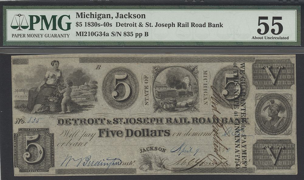 Jackson, Michigan, 1840 $5 Detroit & St. Joseph Rail Road Bank $5, ChAU, PMG-55